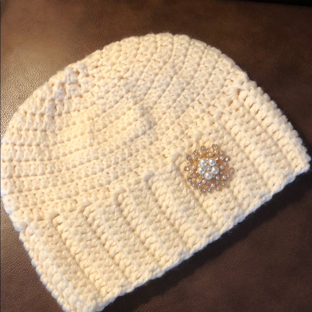 Ladies winter beanie hat with faux pearl brooch New hand crochet by me